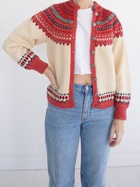 Vintage Cream Red Nordic Fair Isle Button Cardigan Sweater Knit Patterned M